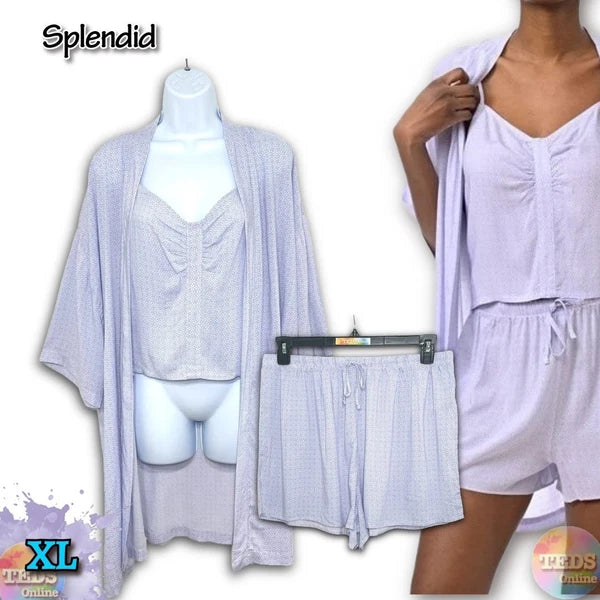 NWT Splendid Womens XL 3-Piece Robe, Tank Top & Shorts Sleep Set Petal Dot Geo