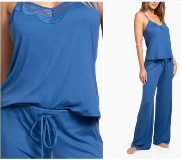 NWT In Bloom by Jonquil ROYAL BLUE Slinky Knit Pajama Set Women's XL LACE Trim