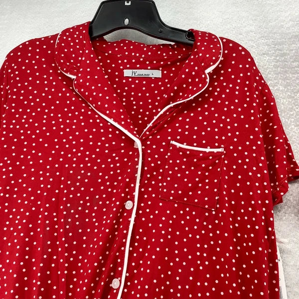 Joan Vass Womens Polka Dot Short Sleeves Collar 2 Piece Red Sleepwear Lounge Set