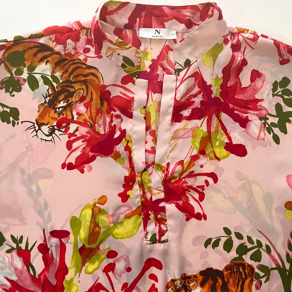 Natori Pajama Set Satin Large Watercolor Tiger Asian Floral Pullover Top Pants