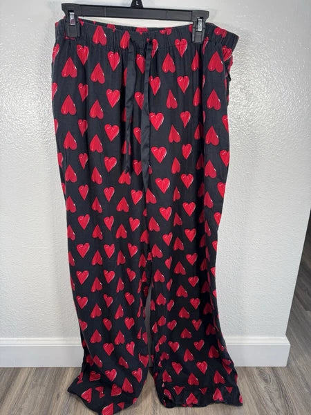 Victorias Secret Pajama Set L Heart Button Up Shirt Pant Sleepwear Cotton Black