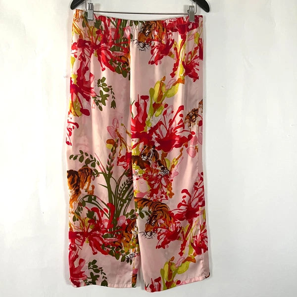 Natori Pajama Set Satin Large Watercolor Tiger Asian Floral Pullover Top Pants
