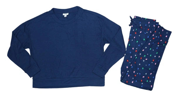 Jenni Intimates Holiday Christmas Lights Waffle Knit 2-Pc Women's Pajama Set NWT