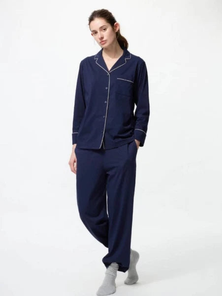 UNIQLO AIRism Women's Cotton Pajamas Long Sleeve ( Off White / Navy )  XS-3XL