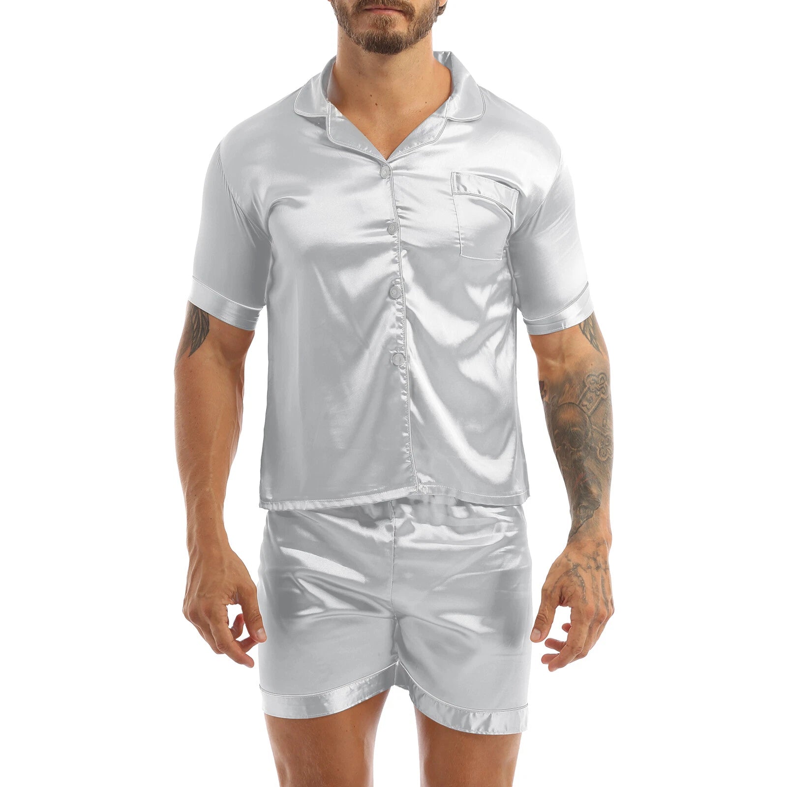 Mens Satin Nightwear Two Piece Pyjamas Pajamas Set Loungewear L-3XL-