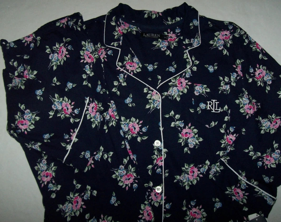 NWT Ralph Lauren Navy Blue/Pink FLORAL JERSEY SOFT KNIT Pajama Set Women's 3X