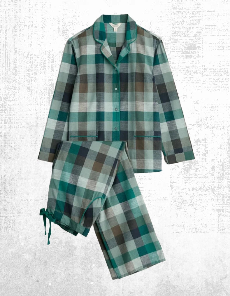 Ex Seasalt Women’s Moon Check Pyjama Set in Green  Pebble Selling