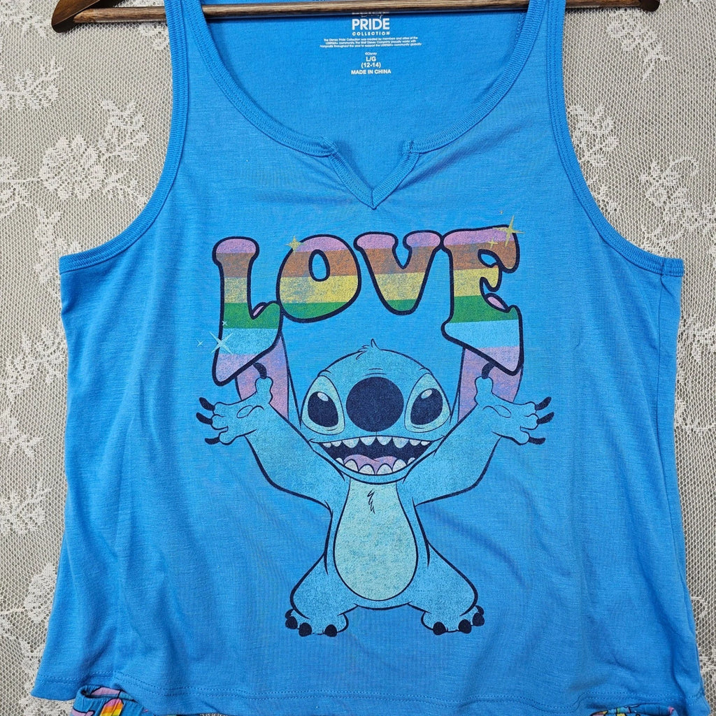 Disney Pride Stitch Pajama Set Tank Top Shorts Hoodie Blue L/G XL Sleepwear Set