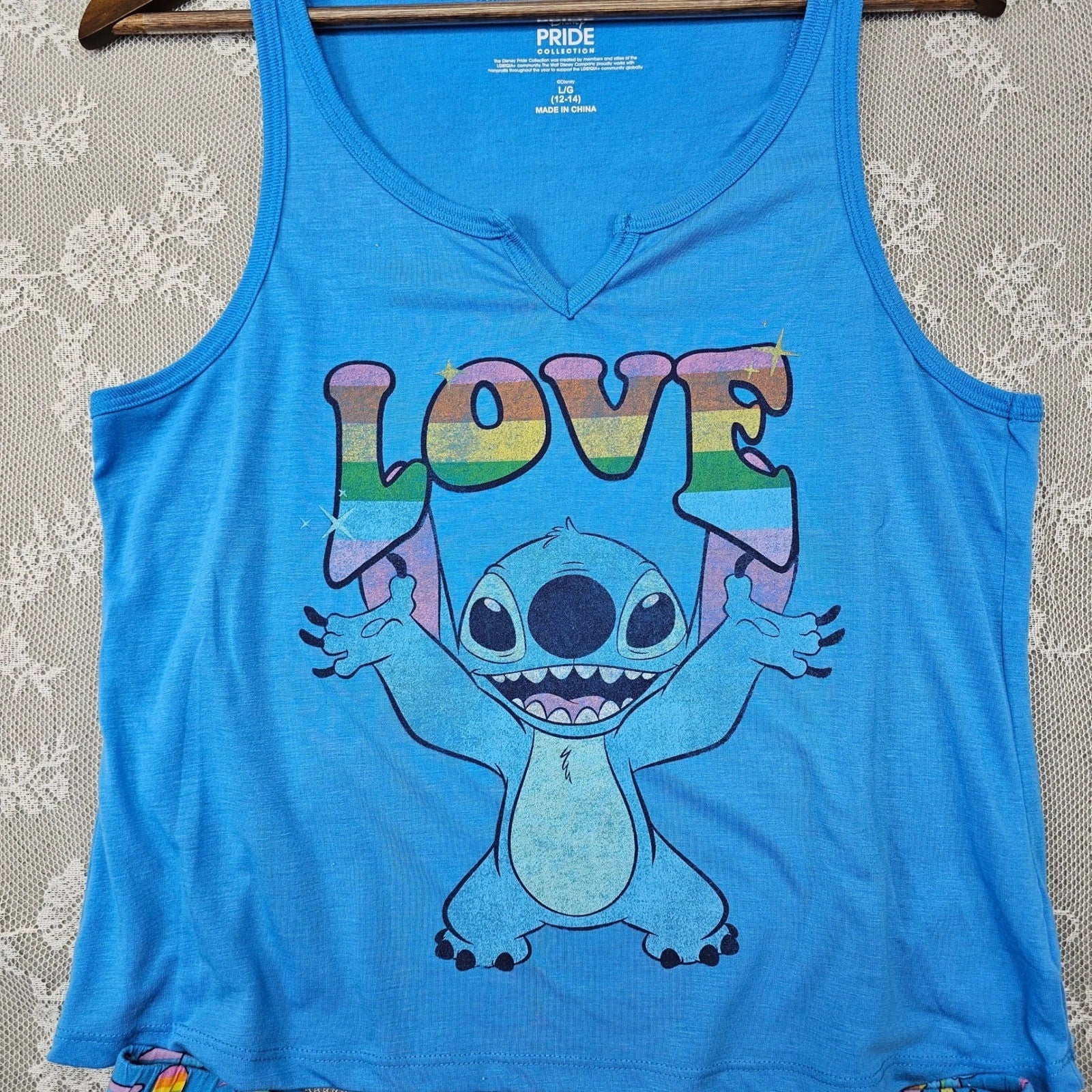 Disney Pride Stitch Pajama Set Tank Top Shorts Hoodie Blue L/G XL Sleepwear Set