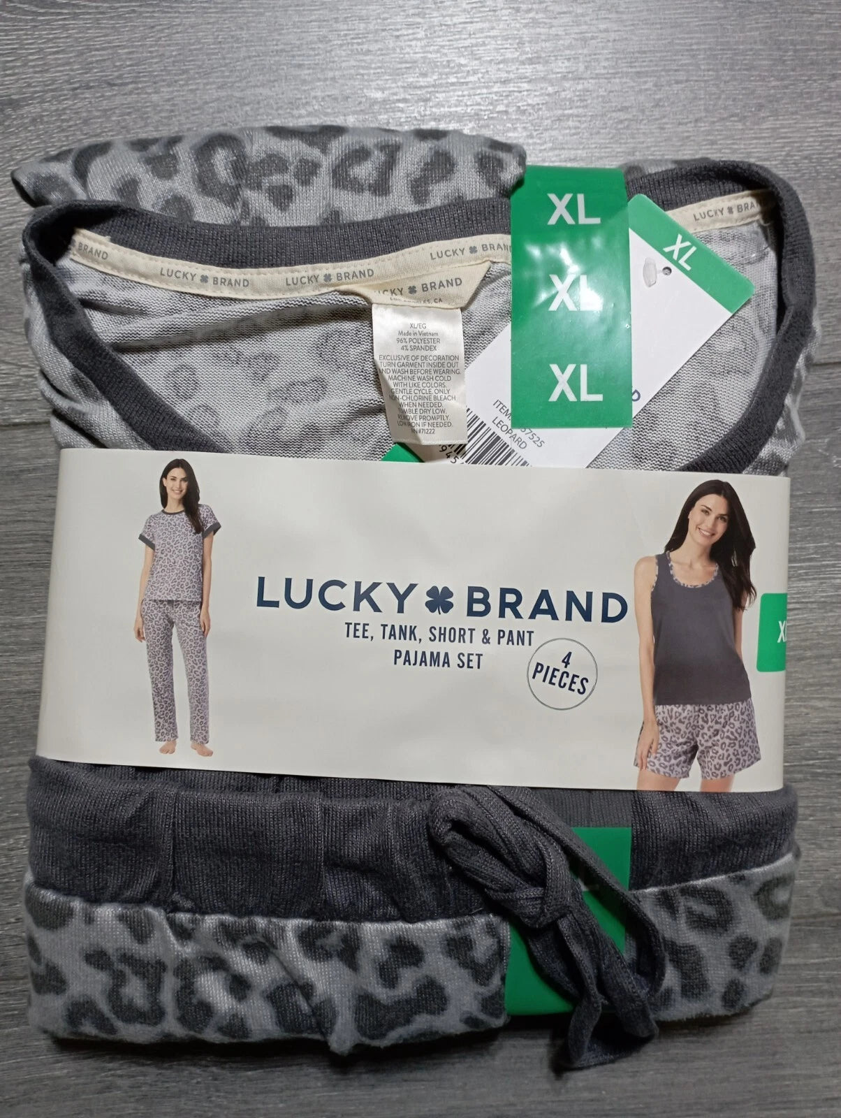 Lucky Brand Pajama Set Womens XL Cheetah *4 PC* Tee Tank Shorts Pant