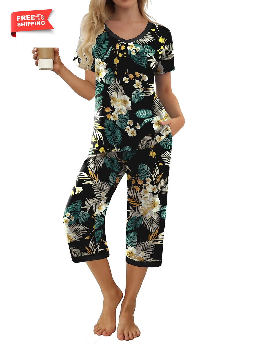Women'S Pajama Sets Short Sleeve Shirt and Capri Soft Pajama Sets with Pockets