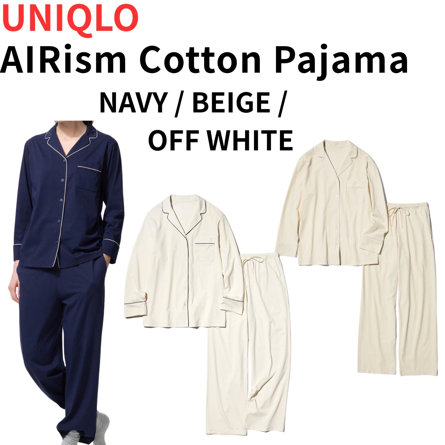 UNIQLO AIRism Cotton Long Pajama Set Dry Cool Touch Sleepwear XS-3XL 3Colors