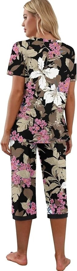 PrinStory 2pc Pajama Short Sleeve & Capri Pants Sleepwear Pjs Set Sz Large SOFT