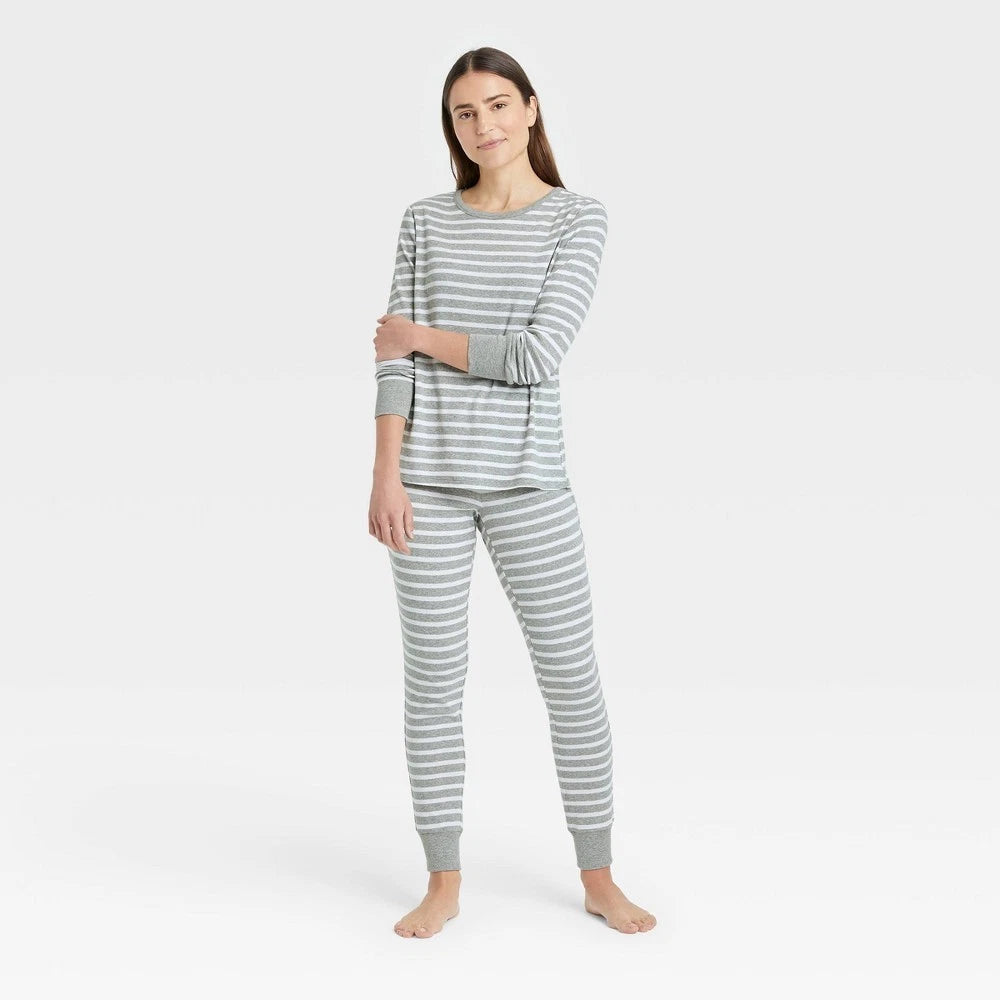 Target Brand Women's Pajama Set SMALL Long Sleeve Gray & White Stripes New
