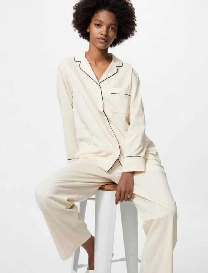 UNIQLO AIRism Women's Cotton Pajamas Long Sleeve ( Off White / Navy )  XS-3XL