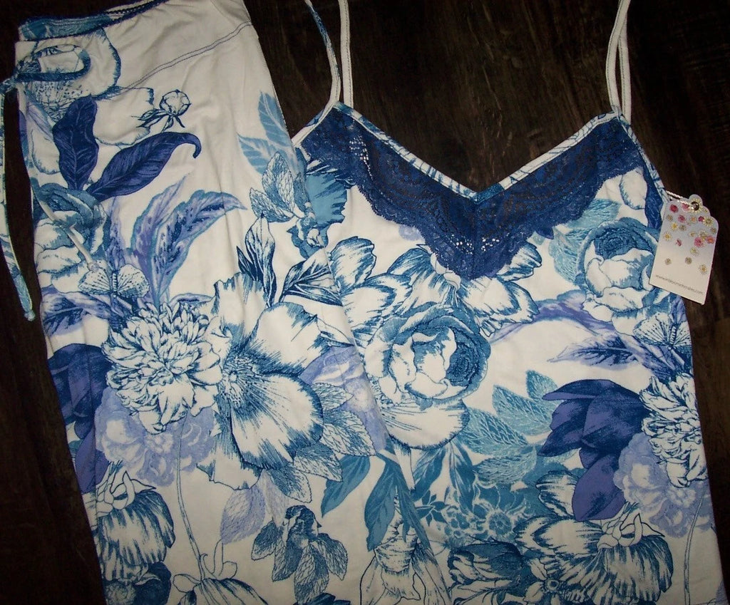 NWT In Bloom by Jonquil IVORY/BLUE/PURPLE FLORAL Knit Pajama Set L LACE Trim