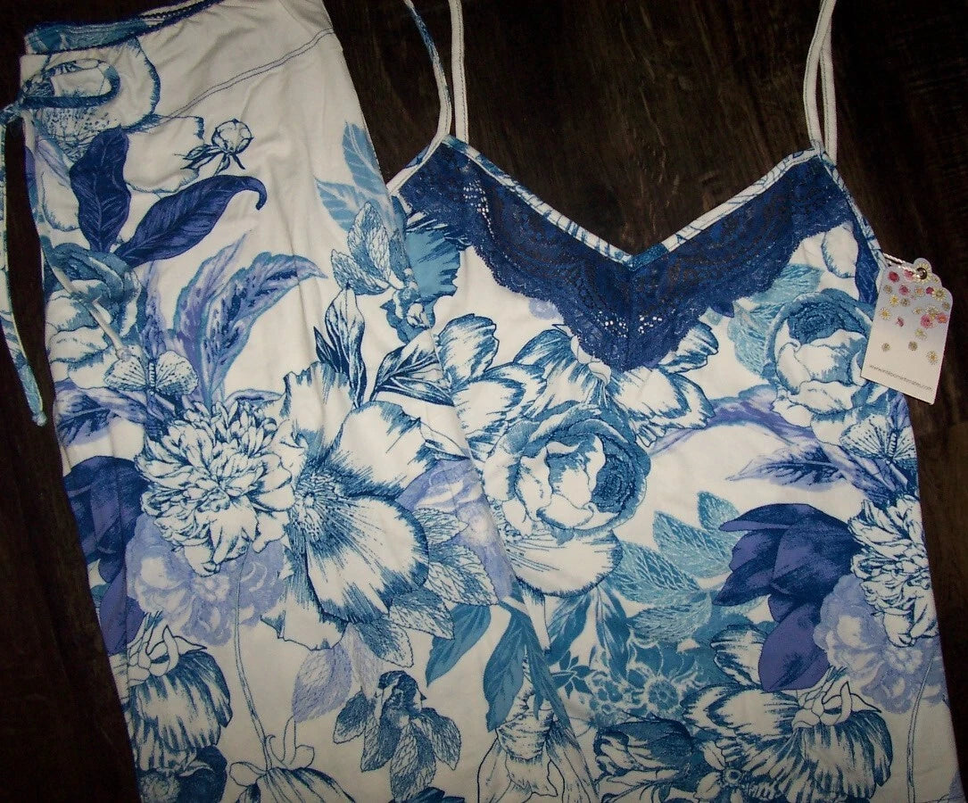 NWT In Bloom by Jonquil IVORY/BLUE/PURPLE FLORAL Knit Pajama Set L LACE Trim