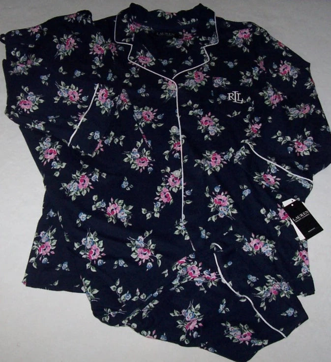 NWT Ralph Lauren Navy Blue/Pink FLORAL JERSEY SOFT KNIT Pajama Set Women's 3X