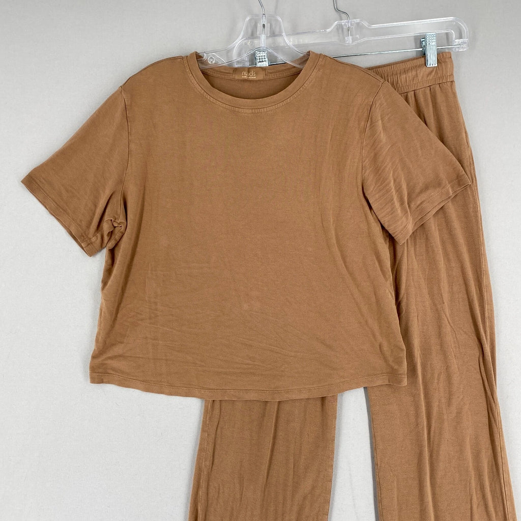 Nuuds Pajama Set Top & Pants Womens Size XS Brown Crewneck Pull On Bottoms