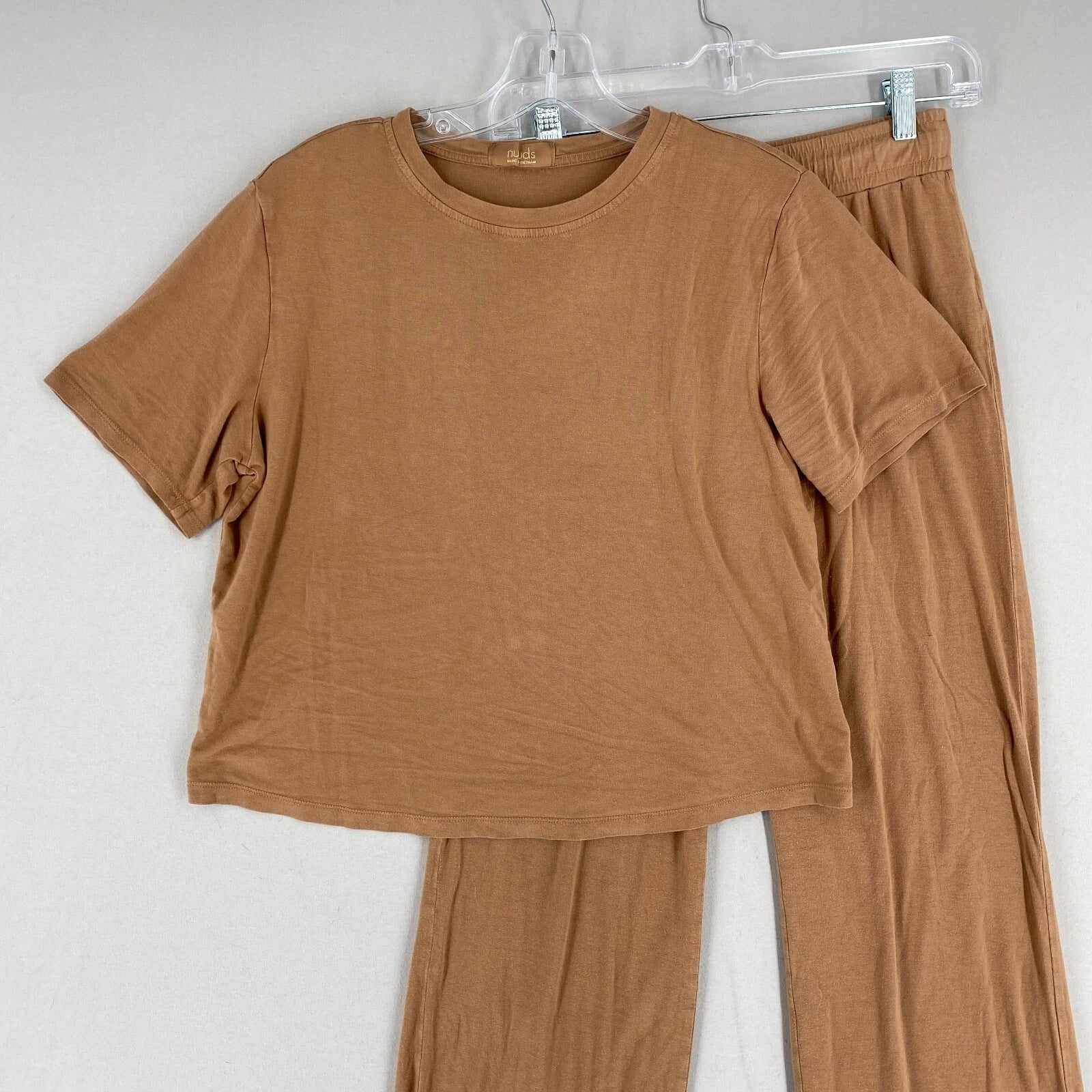 Nuuds Pajama Set Top & Pants Womens Size XS Brown Crewneck Pull On Bottoms