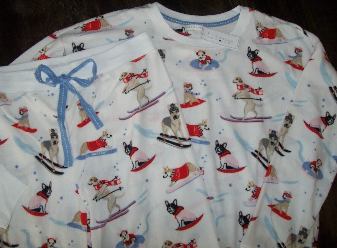 NWT PJ Salvage White/Blue DOGS ON SKIS Textured Velour Knit Pajama/Lounge Set XL