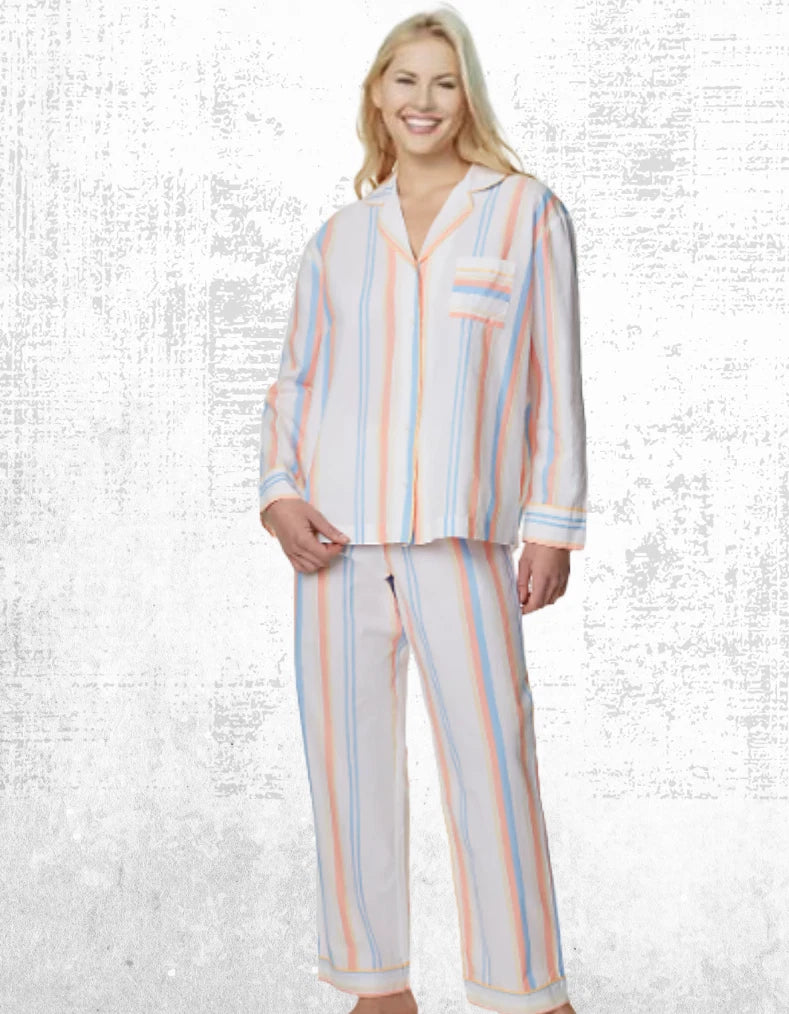 Ex M and S Women’s Long Sleeve Stripe Cotton Pyjama PJ Set in Ivory Mix