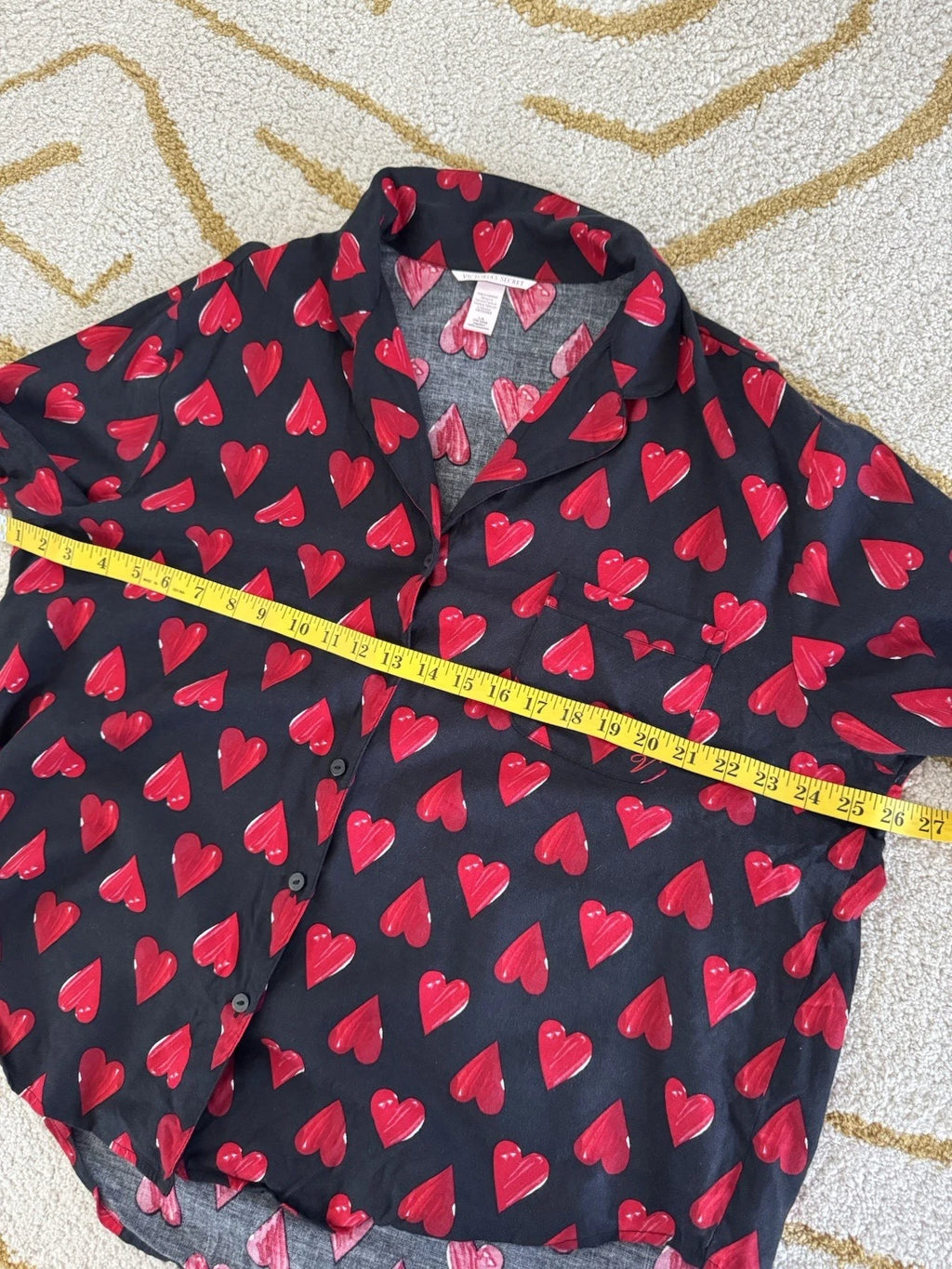 Victorias Secret Pajama Set L Heart Button Up Shirt Pant Sleepwear Cotton Black