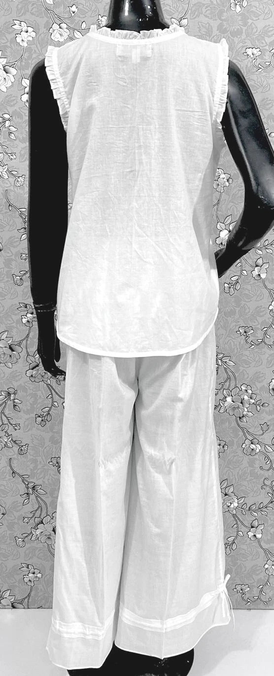 Victorian White 100% Cotton Pajama Set with Wide Leg Pants - SoieRose SR1175