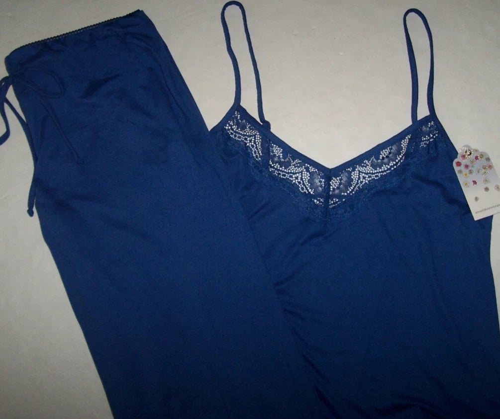 NWT In Bloom by Jonquil ROYAL BLUE Slinky Knit Pajama Set Women's XL LACE Trim
