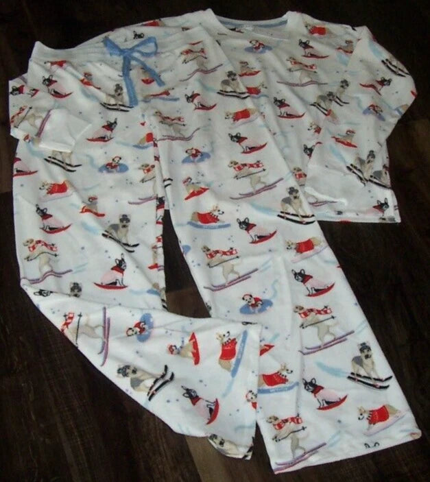 NWT PJ Salvage White/Blue DOGS ON SKIS Textured Velour Knit Pajama/Lounge Set XL
