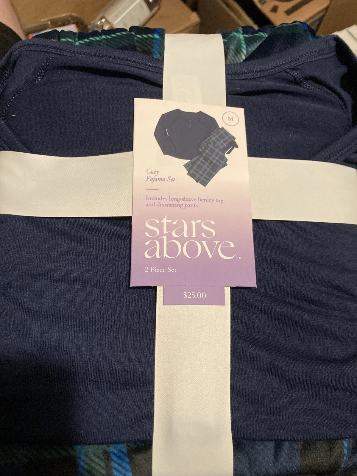 Stars Above Cozy Pajama 2 piece Set Size M Navy Plaid