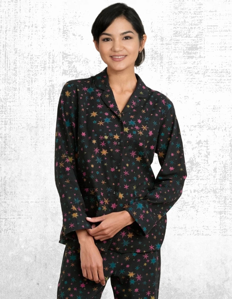 Ex Seasalt Women’s Long Sleeve Cotton Pyjama Set in Black Multi Snow