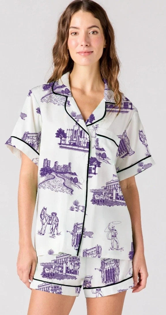 Katie Kime Fort Worth Toile Pajama Shorts set white/purple size small