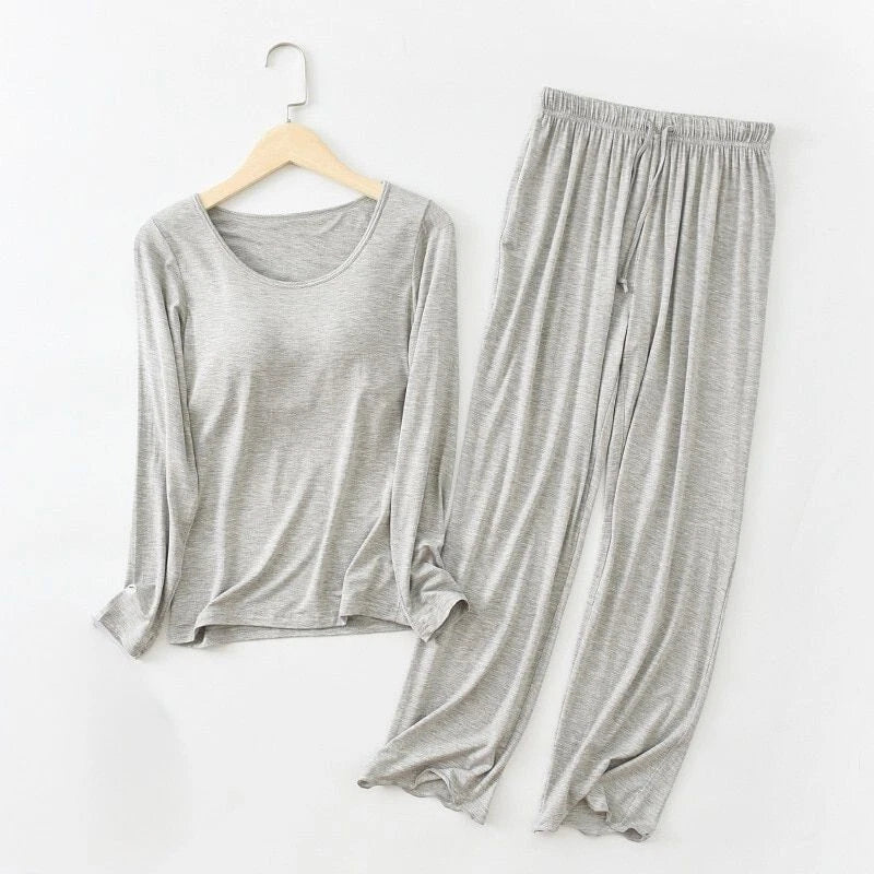 Two Piece Long Sleeve Built in Bra Loungewear Pyjamas