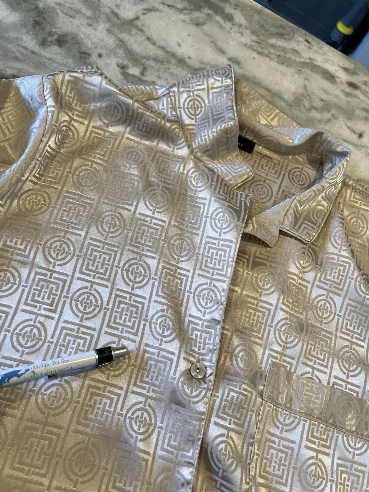 Natori XL Womens 2PC Infinity Tan Pajama Set Asian Print Cropped Pants READ