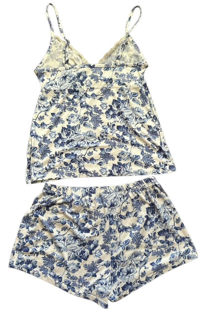 Laura Ashley Lounge Pajama Set Size Small Babydoll Lace Cami & Shorts Floral