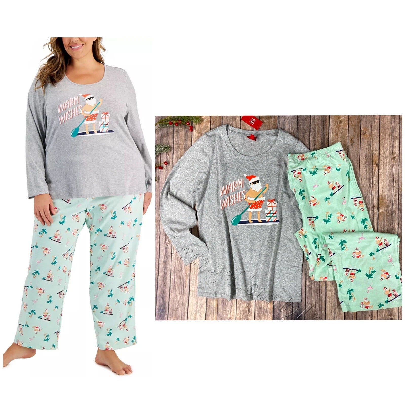 Women's Matching Tropical Santa Pajamas set Christmas sleepwear pj's Size 2XL