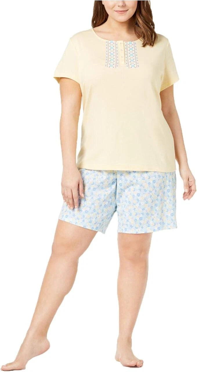New Club Womens Plus Size Floral-Placket Bermuda Pajama Set (3X, Mini Daisy)