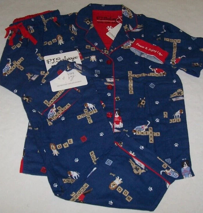 NWT PJ Salvage Blue RESCUE DOGS Flannel Pajama/Lounge Set XL PAWS & ENJOY LIFE
