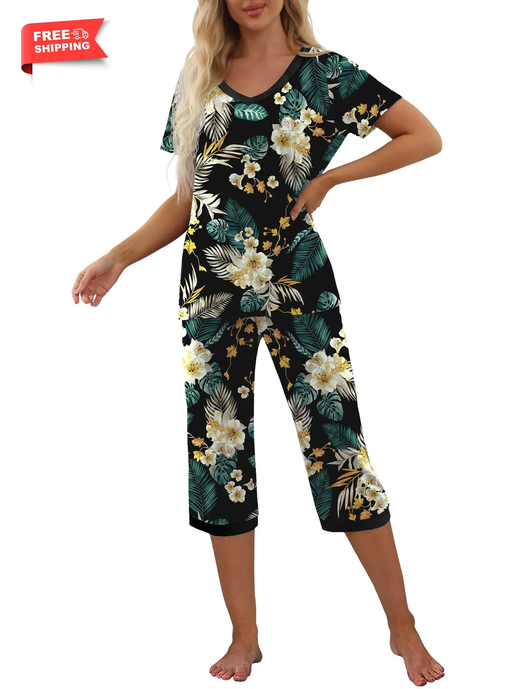 Women'S Pajama Sets Short Sleeve Shirt and Capri Soft Pajama Sets with Pockets