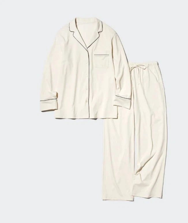 UNIQLO AIRism Women's Cotton Pajamas Long Sleeve ( Off White / Navy )  XS-3XL