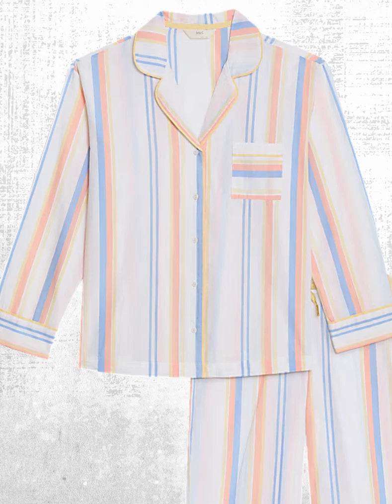 Ex M and S Women’s Long Sleeve Stripe Cotton Pyjama PJ Set in Ivory Mix
