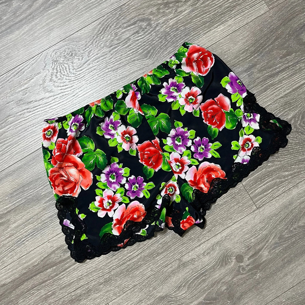 Victorias Secret VTG Gold Label Floral Lace Satin Pajama Shorts Sexy Black M