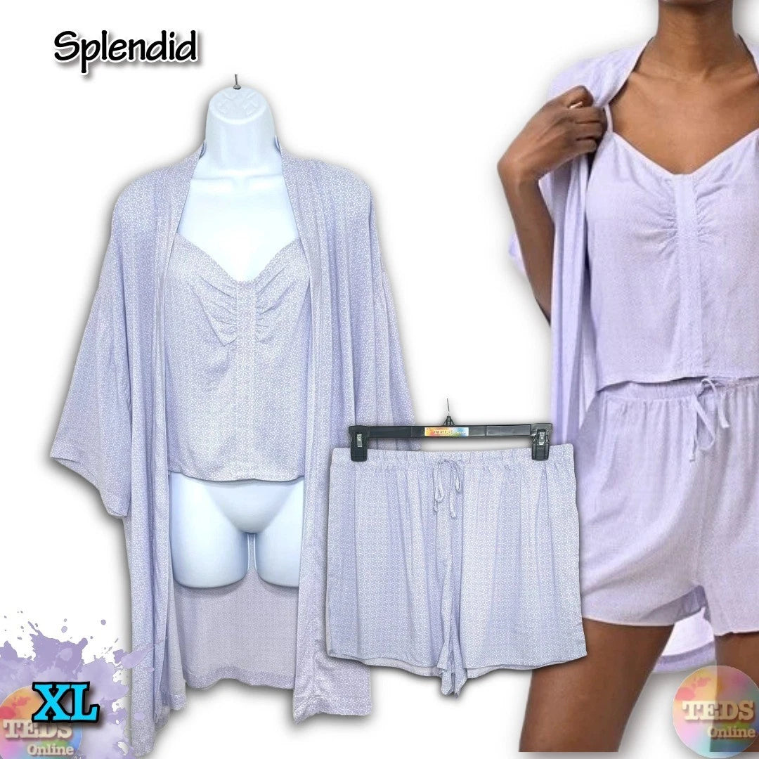 NWT Splendid Womens XL 3-Piece Robe, Tank Top & Shorts Sleep Set Petal Dot Geo