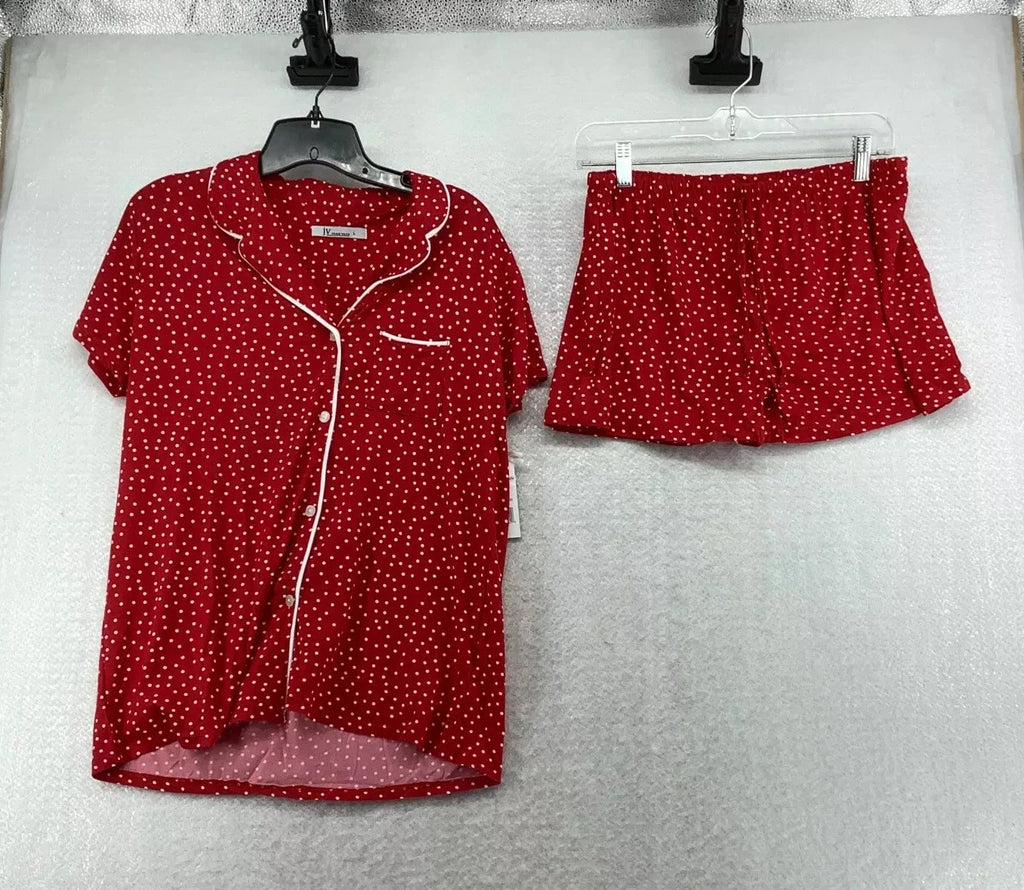 Joan Vass Womens Polka Dot Short Sleeves Collar 2 Piece Red Sleepwear Lounge Set