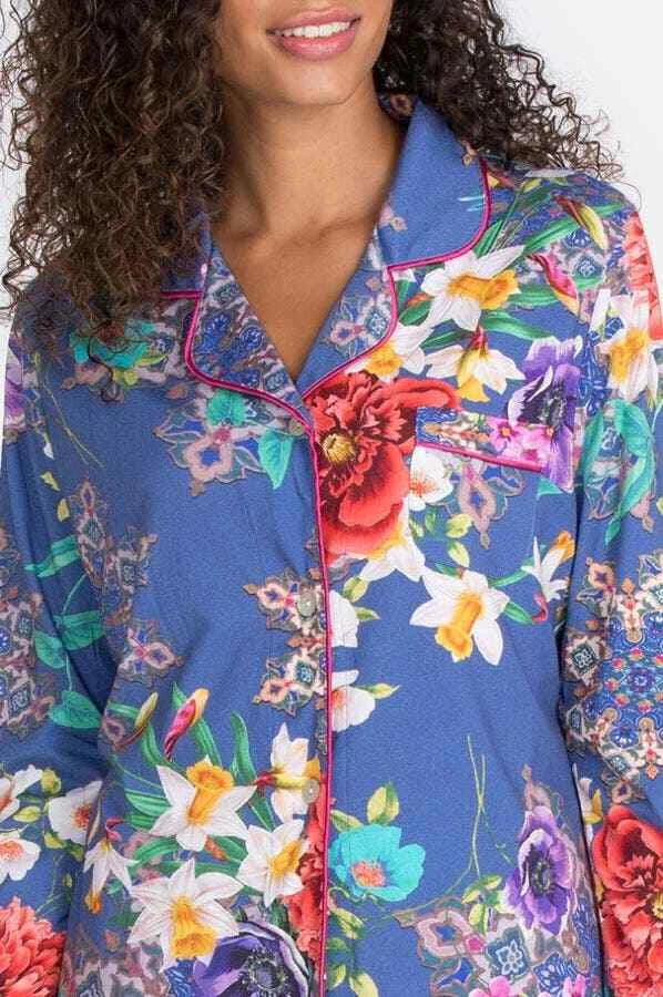Johnny Was SUNRISE BLUE Sleep Wear PJ LONG SET Night Cotton Lounge Flower XL NEW