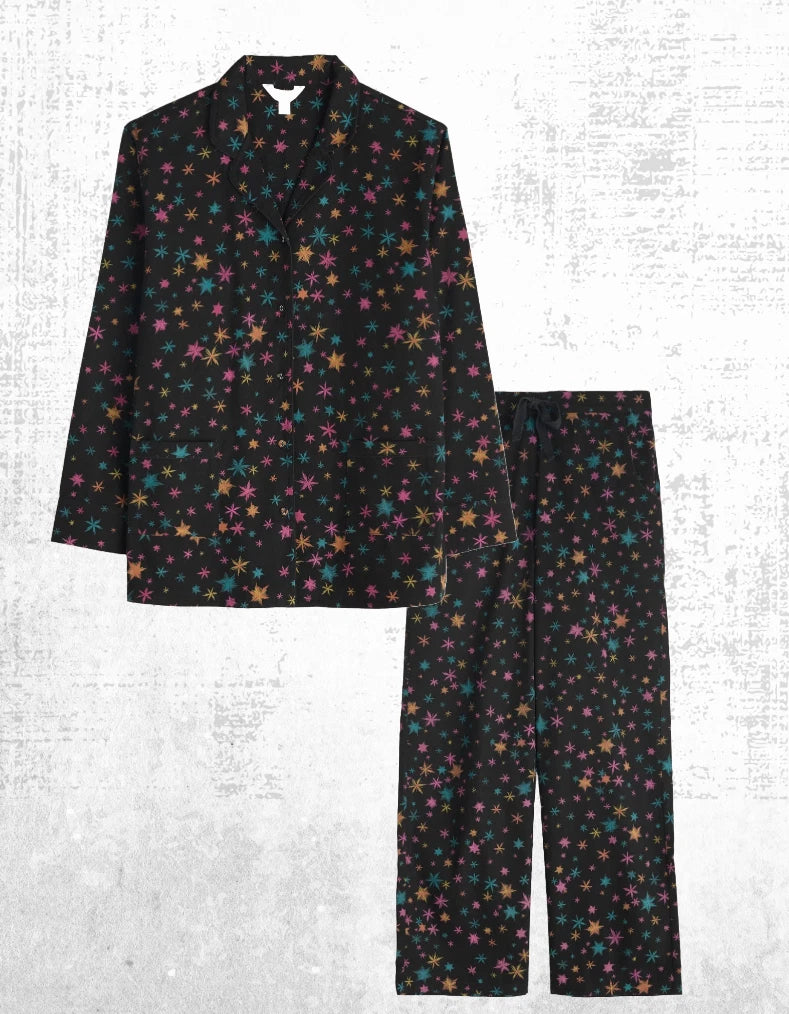 Ex Seasalt Women’s Long Sleeve Cotton Pyjama Set in Black Multi Snow