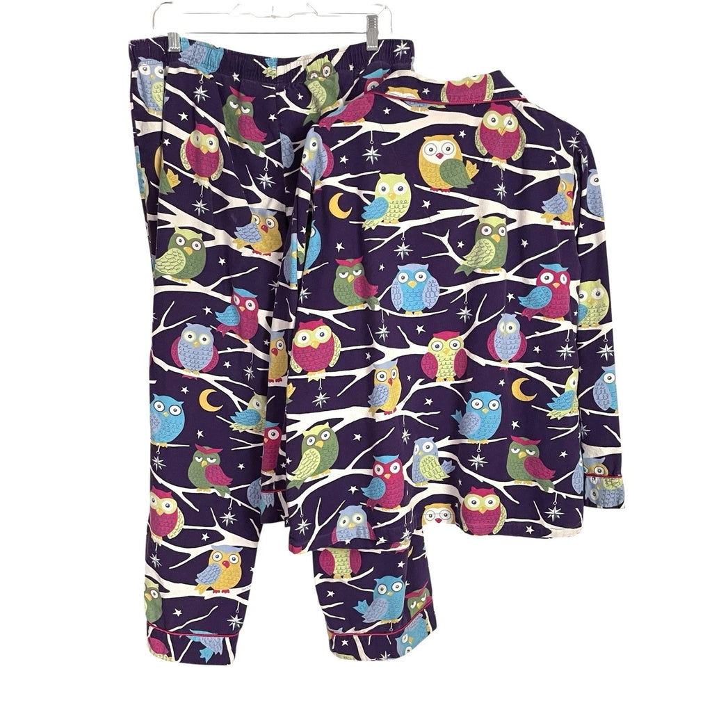 Nick & Nora Owl Pajama Set Womens XL Purple Flannel Top Bottoms Starry Night