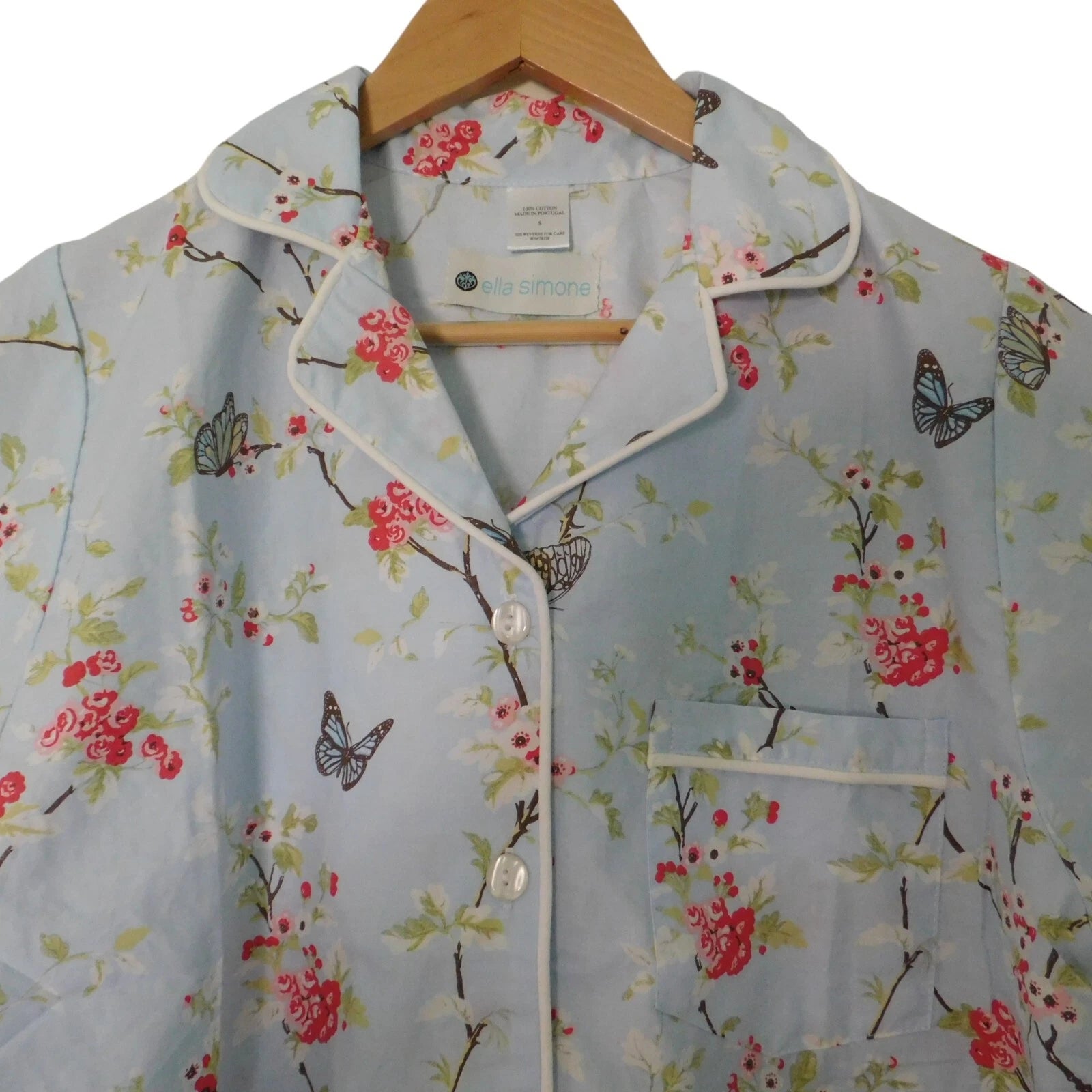 NEW Portuguese Cotton Pajamas PJs Capri Short Sleeve Blue Floral Size Small