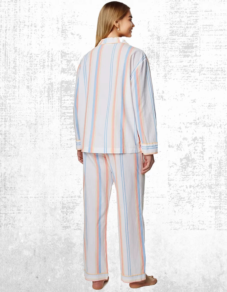 Ex M and S Women’s Long Sleeve Stripe Cotton Pyjama PJ Set in Ivory Mix